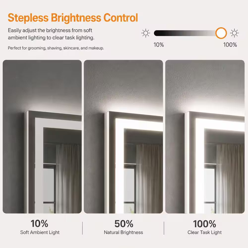 72 In. W X 36 In. H Rectangular Frameless LED Wall Bathroom Vanity Mirror